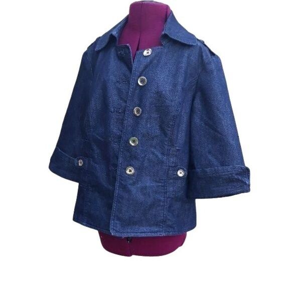 WHBM 90's Military Caped Peacoat Dark Wash Denim Jean Jacket  Button Down Sz 6 - Picture 4 of 8